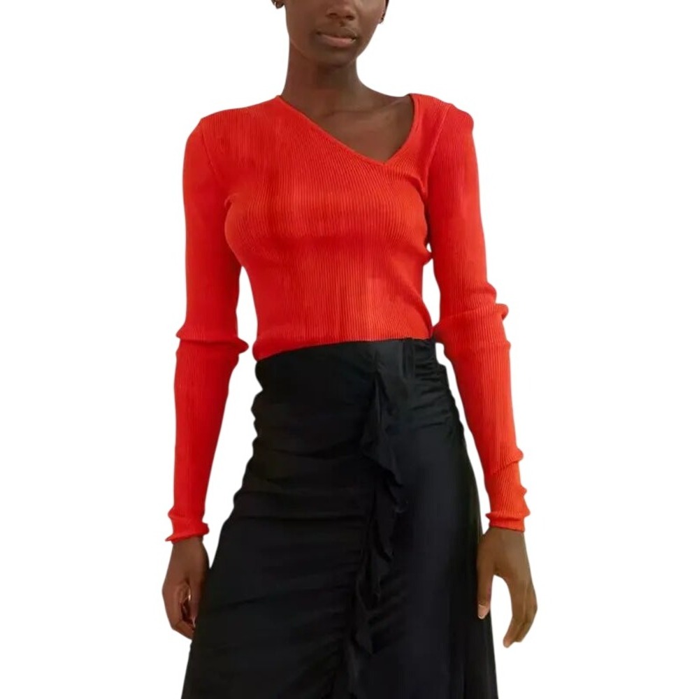 OperaSPORT Red Ribbed Organic Cotton Asymmetrical Neck Long Sleeve Top Size M
